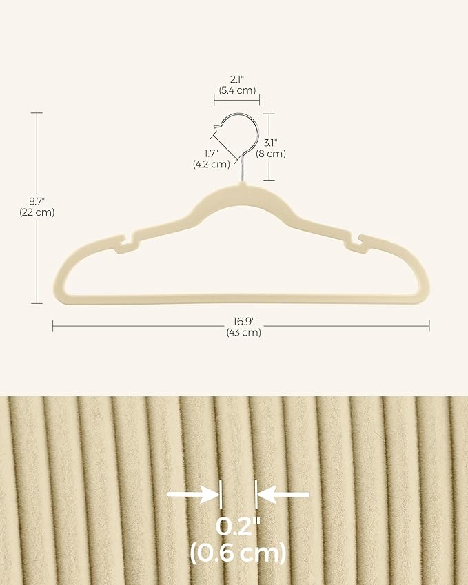 SONGMICS Velvet Hangers 50 Pack, Non-Slip Clothes Hangers, Suit Hangers with Shoulder Notches, Pants Bar, 360° Swivel Hook, Space-Saving, for Closet, Sand Beige UCRF029K05