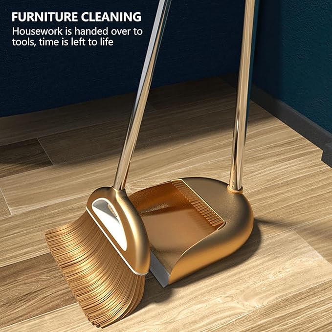 Broom and Dustpan Set with Long Handle - Dust Broom and Dustpan Combo, Lightweight Robust Kitchen Brooms Dustpans, Ergonomic Duster Tool Cleaning Gadgets, for Home, Kitchen, Offices, Pet Hair, Gold