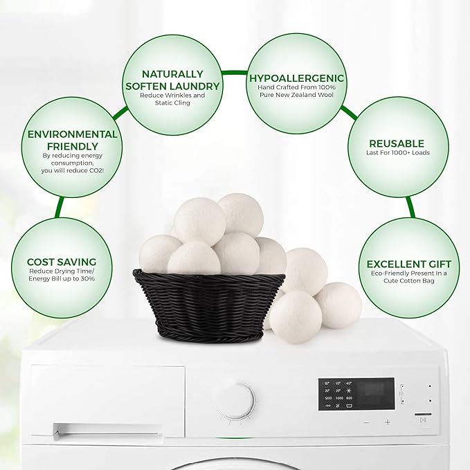Wool Tumble Dryer Balls– Eco-Friendly Organic Fabric Softener, Reduce Wrinkles & Drying Time, Save Energy, Reusable, Handmade, 100% New Zealand Wool, Baby Safe, Unscented, XL Size (Pack of 6)