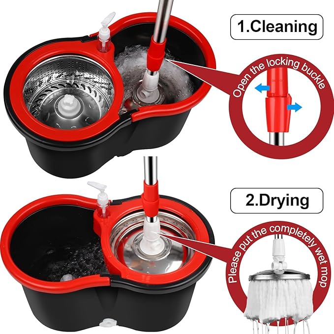 Mop Bucket with Wringer Set, 360 Rotation Mop Bucket Systerm for Floor Cleaning with 3 Microfiber Mop Head for Office and Home Use, Black (20QT)