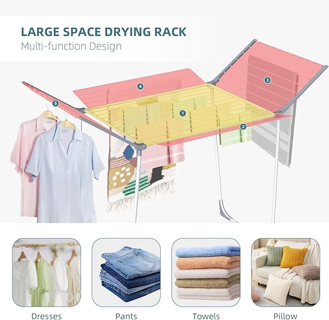 Clothes Drying Rack, Foldable Laundry Rack for Indoor Outdoor, 10pcs Sock Clips, Collapsible Space-Saving Drying Rack for Clothes Towels Dolls, White