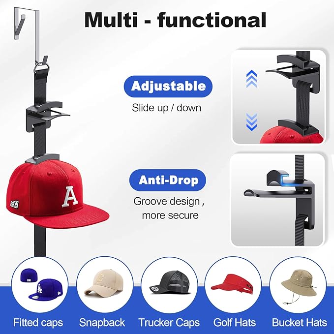 Aoodaily Hat Rack for Door - Two-Way Hanging Caps with Display Hooks and Hanger, Hat Organizer for Baseball Caps, Over the Door Hat Storage Organizer for Bedroom, Entrance or Garage Doors - 1 Pack