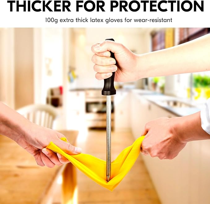 Vgo... 3-Pairs Reusable Household Gloves, Rubber Dishwashing gloves, Extra Thickness, Long Sleeves, Kitchen Cleaning, Working, Painting, Gardening, Pet Care (Size M, Yellow, HH4601)