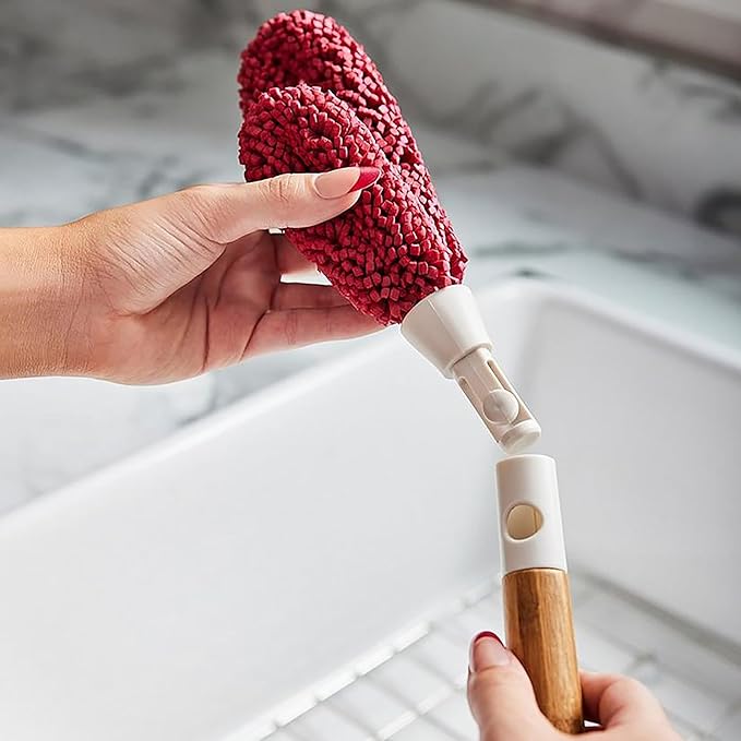Wine Enthusiast Interchangeable Glassware Cleaning Brush Set – 5-Piece Bamboo Handle with Specialized Brush Heads for Wine Glasses, Decanters, and Barware Cleaning