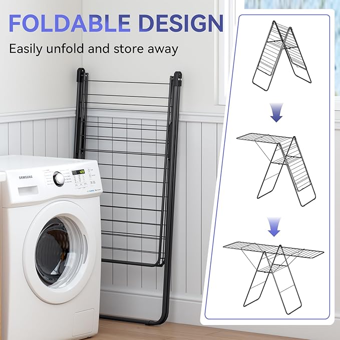 APEXCHASER Clothes Drying Rack, Foldable Oversized Drying Rack Clothing with U-Shaped Foot Cover, Height-Adjustable, Multi-Bar Laundry Rack, Indoor Outdoor Use, 20.47" D x 70" W x 42.52" H, Jet Black