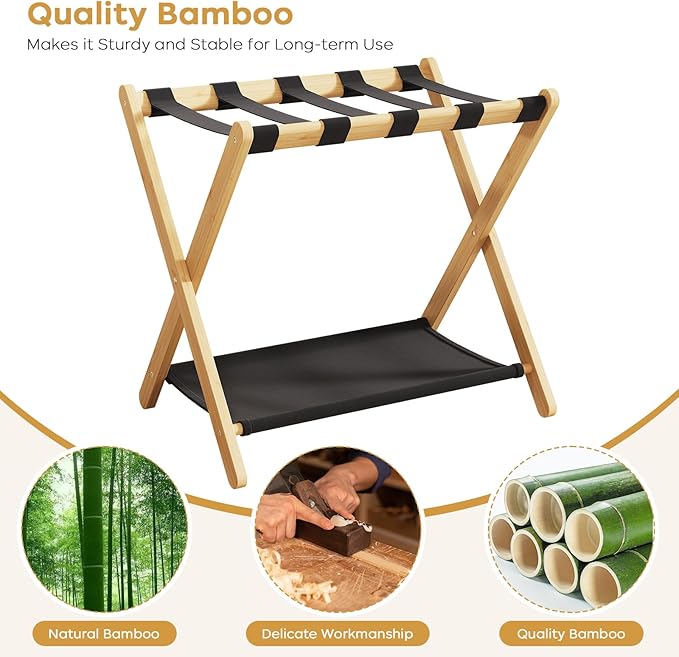 oakvivo Fully Assembled Luggage Rack, 26.77" Natural Luggage Rack for Guest Room, Bamboo Folding Suitcase Stand with Fabric Storage Shelf, Heavy Duty 5 Nylon Straps Luggage Holder for Hotel, 1 Pack