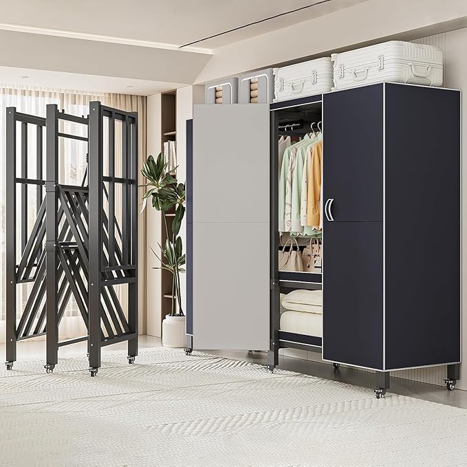 Heavy Duty Covered Clothes Rack with Magnetic Door Foldable Portable Wardrobe Closet for Hanging Clothing Rolling Black Metal Garment Rack on Wheels Closet System (Navy Blue, 58.9in)