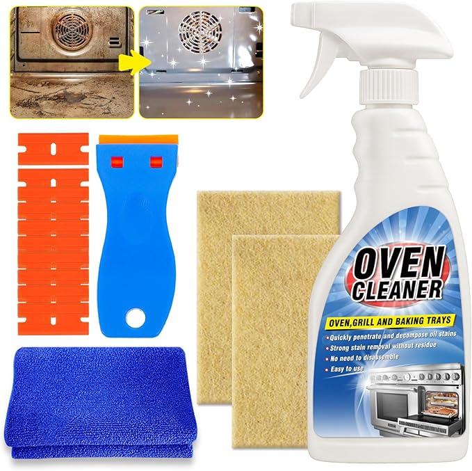 Tiepetly Oven Cleaner Heavy Duty 500ml, Complete Oven Cleaner Non Toxic Fume Free with Non-Scratch Scraper, Cloth, Easy Deep Clean for Racks, Grills, BBQ, Air Fryers, Kitchens, Outdoor and Vehicles