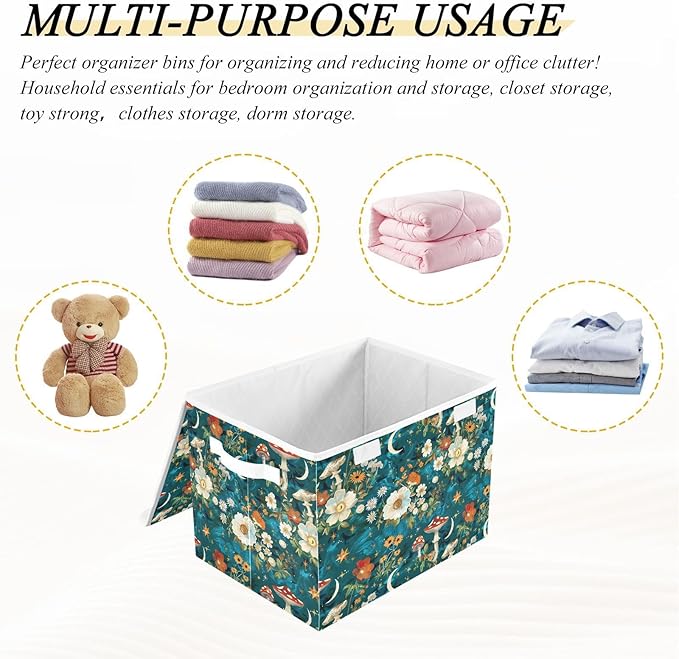 senya Large Storage Bins with Linen Collapsible Foldable Storage Cubes Fabric Closet Organizer Containers box with Flip-Top Lid for Home Bedroom Office 16.7 x 12.6 x 11.8in (Flowers Mushrooms Stars)