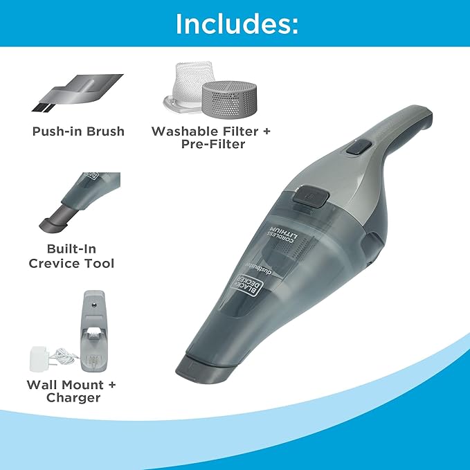 BLACK+DECKER dustbuster Handheld Vacuum, 8V Cordless, Hand Vacuum for Quick Cleanup with Crevice Tool and Washable Filter (HNVC220BCZ01)