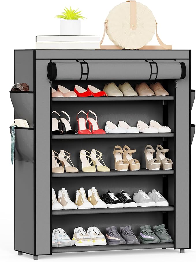 Mavivegue Shoe Rack with Cover, 5 Tier Shoe Organizer for Entryway, Shoe Storage for Front Door Entrance, Closet, Garage, Grey