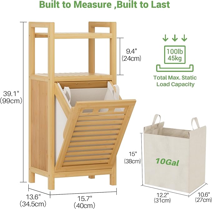 Homykic Tilt Out Laundry Hamper, 10 Gal Bamboo Laundry Storage Cabinet with Removable Basket, Hidden Hamper Organizer with Shelf for Dirty Clothes, Bathroom, Laundry Room, Space Saving, Natural