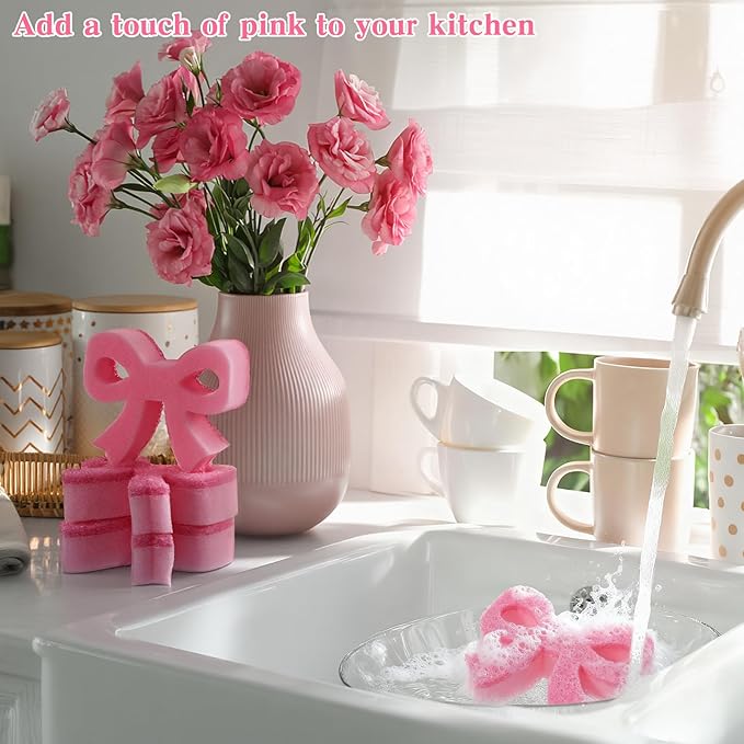 Tioncy 12 Pack Pink Bow Kitchen Sponges Bulk Pink Coquette Dual Sided Non-Scratch Scrubber Sponges Bow Dishwashing Kitchen Cleaning Accessories for Dishes Pots Pans Cute Household Supplies