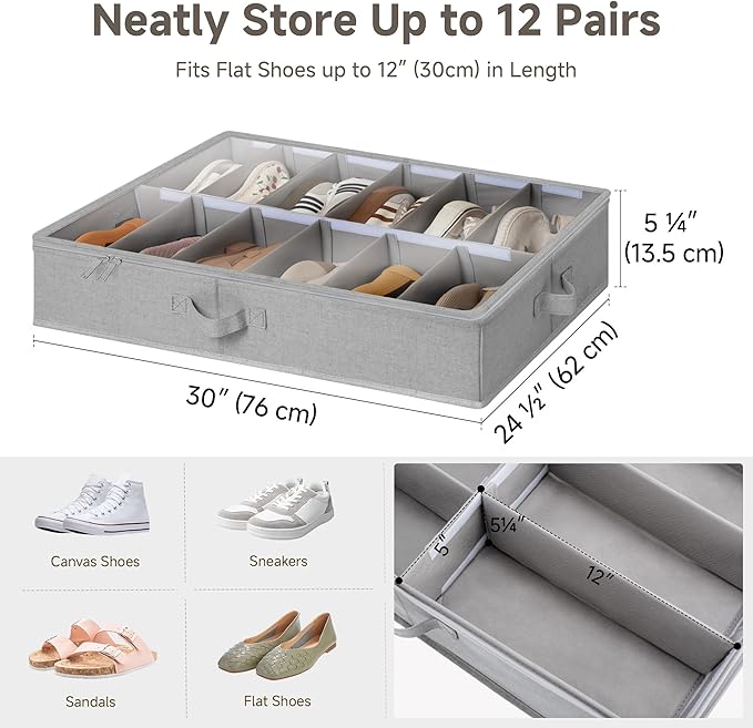 StorageWorks Shoe Organizer for Closet, Fits up to 24 Pairs, 2-Pack Ultra-thick Fabric Under Bed Shoe Storage Containers with Bottom Support and Adjustable Dividers, Grey