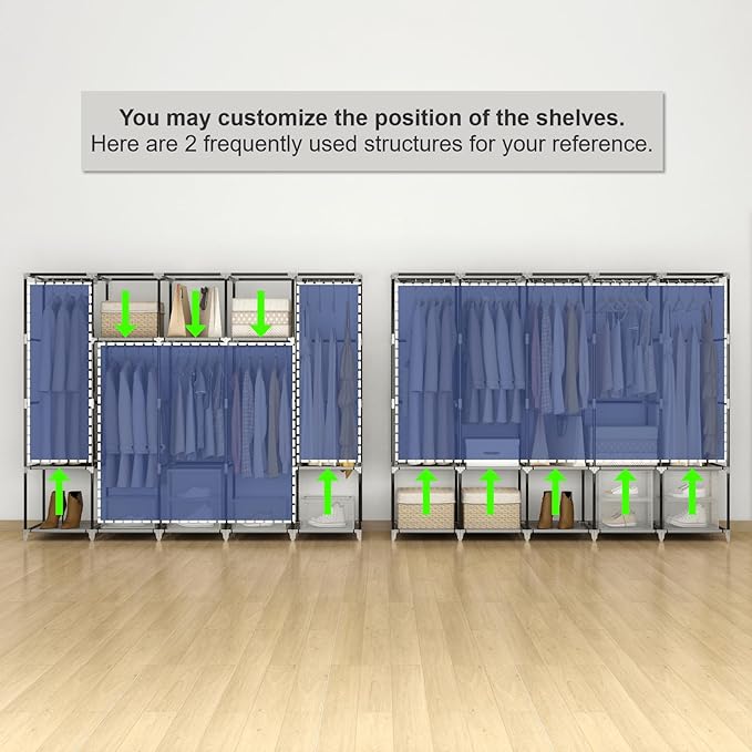 MOGELAFOO 83 Inch Wide Portable Closet Wardrobe, Clothes Storage Rack Organizer with Cover, 5 Clothes Hanging Rods and 10 Storage Shelves, Grey