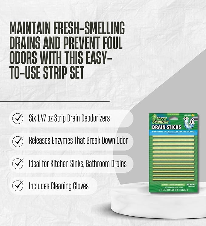 6x Green Gobbler Strip Drain Cleaner and Deodorizer 1.47 oz Bundle with Cleaning Gloves – Drain Smell Eliminator & Breaks Down Matter in Drains – Easy-to-Use Deodorizing Strips – Gift Set (7 Items)