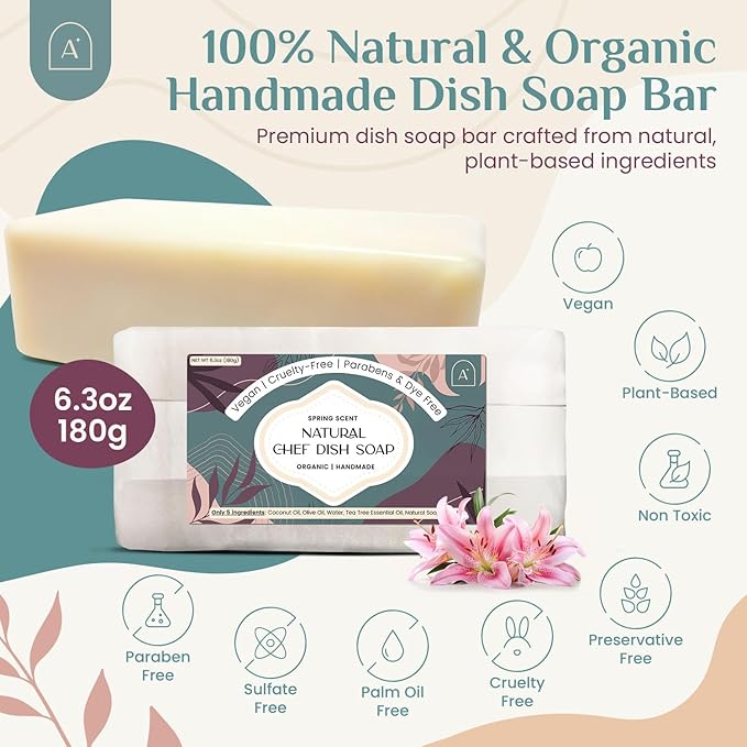 All Natural Dish Soap Bars - Bar Soap for Dishes, Biodegradeable Dish Soap Block, Kitchen Soap, All Natural Non Toxic, Low Waste Kitchen Dishwashing Bar Soap-Spring Scent (1 Pack, 6.3oz)