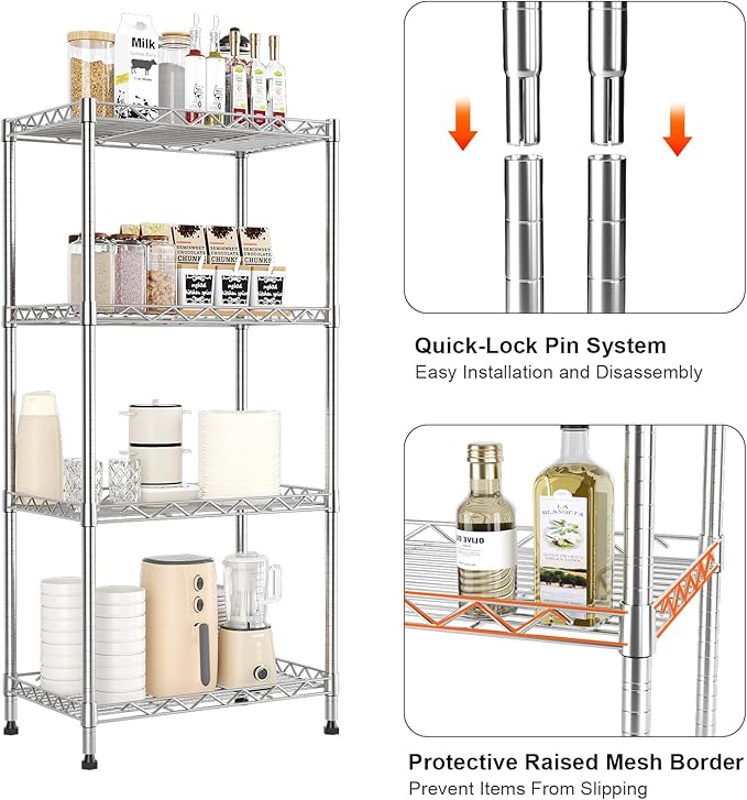 4-Tier Metal Shelf Wire Rack,Narrow Shelving Unit 17.3" Wx11.4 Dx44.3 H,Height Adjustable Kitchen Pantry Shelves with Lockable Wheels Storage for Laundry,Office,Bathroom Or Small Spaces