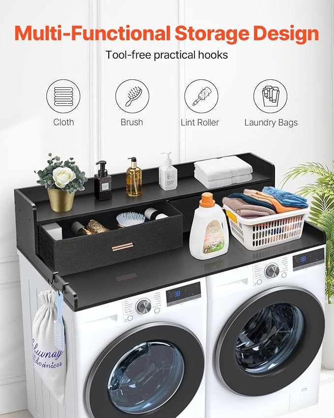 VEVOR 2 Drawers Washer Dryer Countertop with Shelf, 54" x 27" Wooden Laundry Countertop with 2 Hooks & Non-Slip Pads, Washer and Dryer Covers for The Top, Laundry Room Organization and Storage, Black