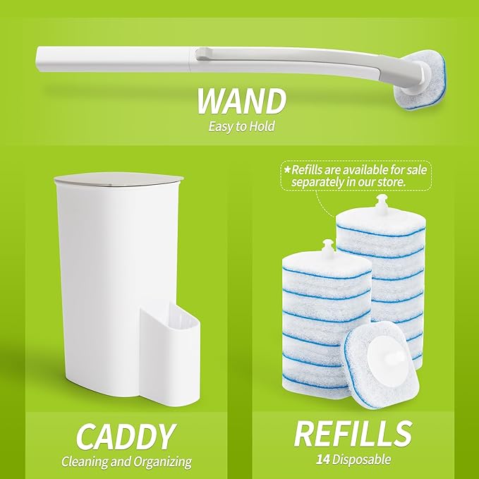 Toilet Bowl Cleaner Wand with 14 Refills, Disposable Toilet Brush Set with Holder, Cleaning System Starter Wand Kit, Bathroom Cleaning Set