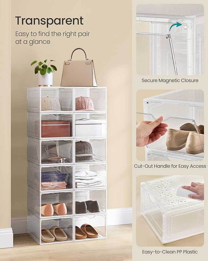 SONGMICS Shoe Boxes, Set of 12, Clear Plastic Shoe Storage, Stackable Sneaker Box, Drop Front Door, Up to US Size 11, Easy Assembly, 13 x 9.8 x 7.1 Inches, Transparent White ULSP032W12