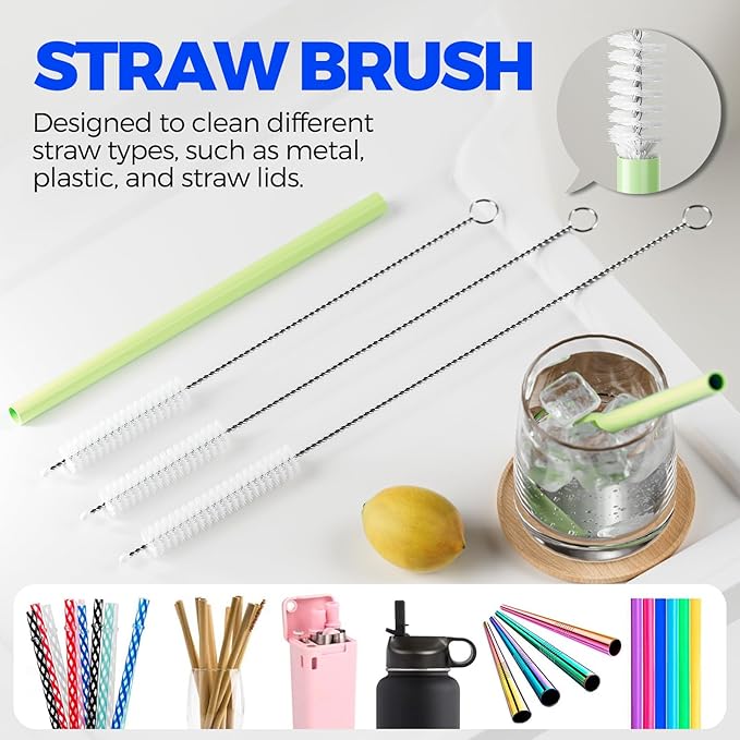 6 Pack Holikme 4 in 1 Cup Lid Cleaning Brush Set with 3 Straws, Multifunctional Bottle Brush, Silicone Cup Lid Gap Cleaner, Durable Bristle Crevice Cleaning Brush, Olive