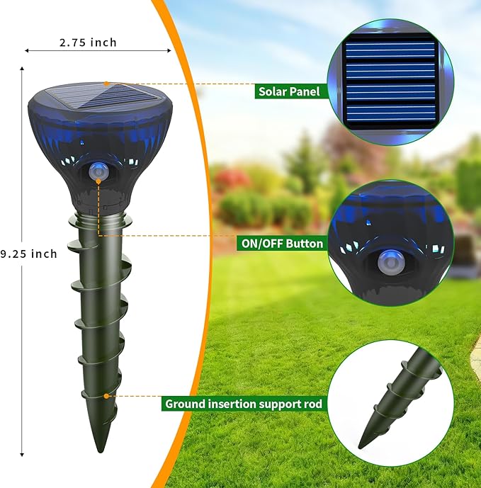 4 Pack Mole Repellent Solar Powered,Gopher Repellents,Solar Powered Waterproof Vole Repellent, Flash&Vibration is Suitable for Lawn, Courtyard and Outdoor Mole Deterrent for Yard