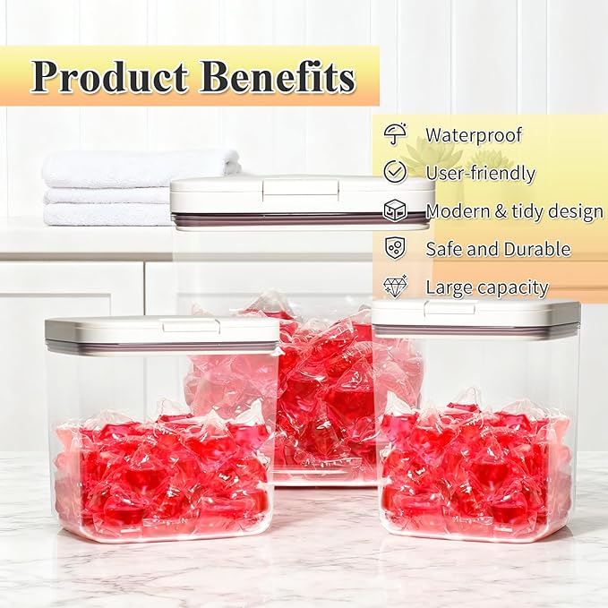 Gute Sealed Auto Pop-Up Laundry Pod Holder with Lid, 3-Piece Laundry & Dishwasher Pod Container Set for Laundry Room Organization (67oz, 94oz, 186oz Capacity)