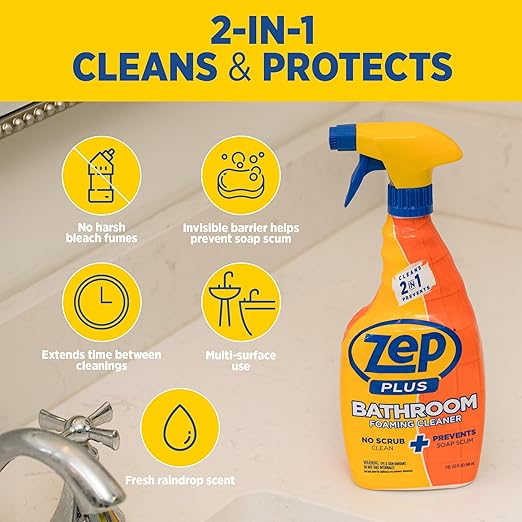 Zep Plus Bathroom Foaming Cleaner 32 oz (2 Units) with a Blue Microfiber Rag ECBD021 - Fight Soap Scum and Hard Water with our powerful Bathroom Cleaner and a Reusable Rag