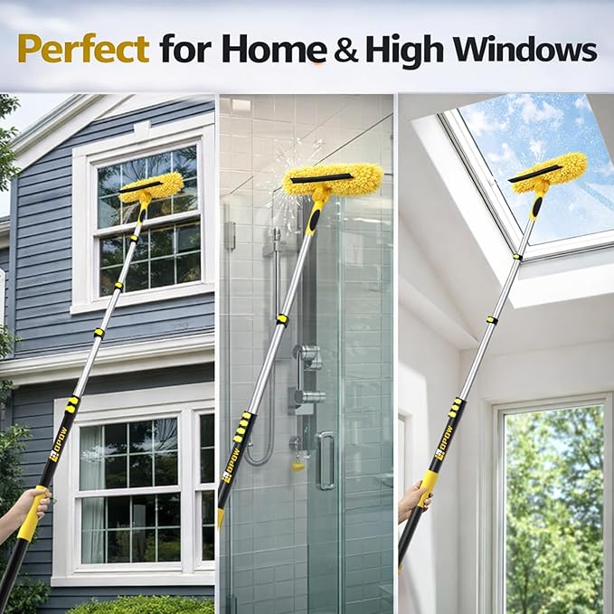 30FT High Reach Window Squeegee with Extension Pole, 2 in 1 Window Washing Kit with 6-Stage Telescopic Pole & Rotatable Head, No-Ladder Window Cleaner for High Window, Solar Panel, RV & Outdoor Glass
