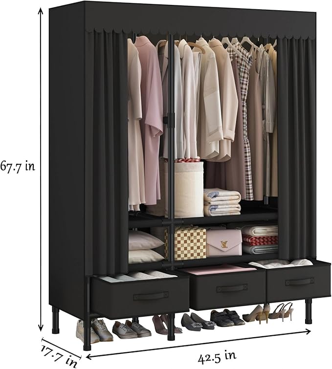 Portable Closet,Garment Rack,Heavy Duty Clothes Rack with Cover,Wardrobe Closet with 1 Hanging Rods, 2 Storage Shelves and 3 Drawers,43.3" L x 17.7" W x 67.7" H,Black