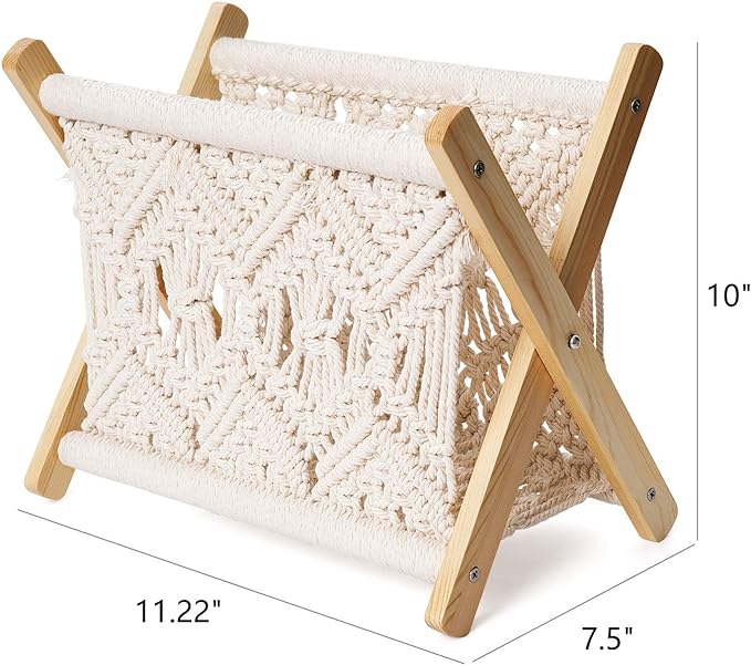 Mkono Macrame Magazine Rack Boho Storage Holder Standing Basket for Books, Newspapers, Swaddle Blanket, Dorm Essentials, Living Room, Bathroom, Office, Nursery, Home Decor, Small Size, 11.2”L x 7.5”W