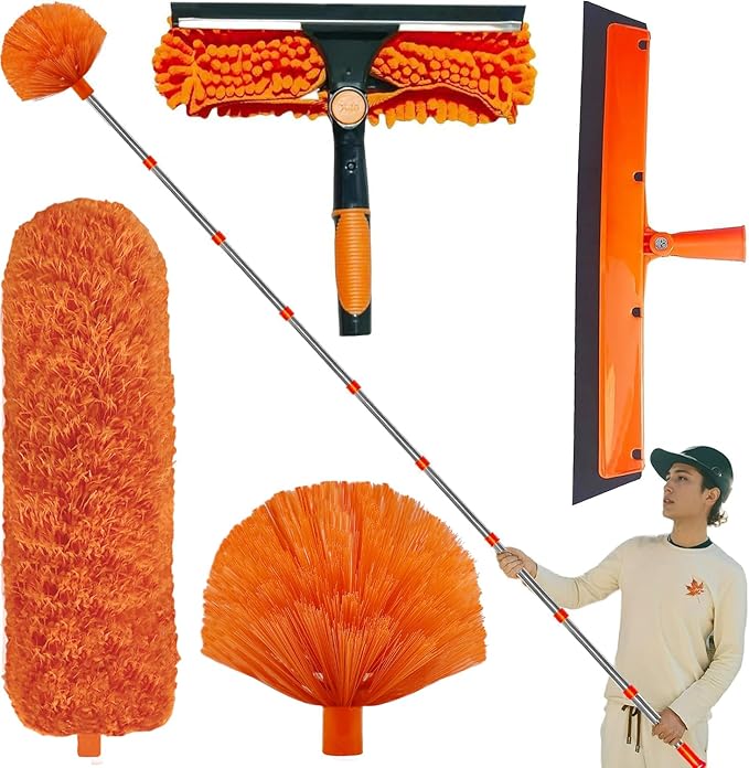20+ Feet High Reach Duster Kit with 3-14 ft Extension Pole High Ceiling Dusting and Window Cleaning Kit with Spliceable Pole - Window Washer & Squeegee, Cobweb Duster, Fan Blade and Feather Dusters