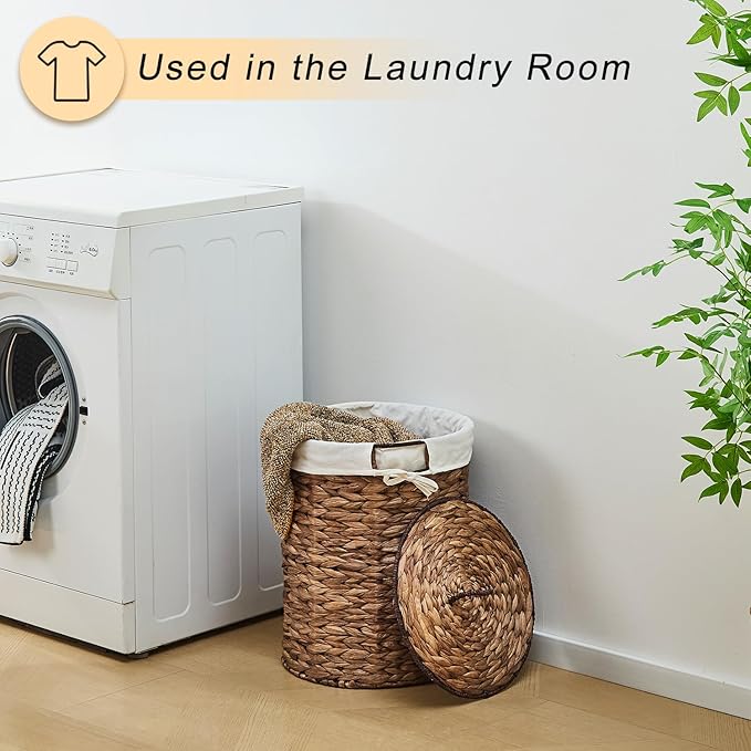 Round Water Hyacinth Laundry Hamper with Lid Handwoven Wicker Basket with Handles for Dirty Clothes, Storage, and Organization, No Assembly Required, 40L