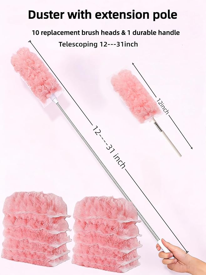 Heavy Duty Duster Refills, Disposable Dusters Kit for Cleaning Dusting Furniture Blind Ceiling Fan, Multi Surface 360 Feather Duster(10)+3FT Extended Handle（1） (Pink)