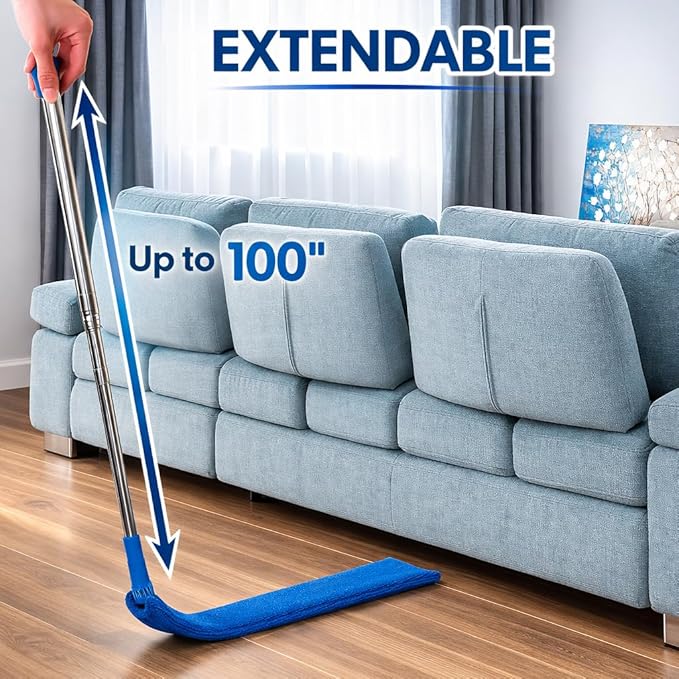 Retractable Gap Dust Cleaner with Extension Pole 30'' to 100'', Cleaning Tools with 3 Microfiber Dusting Cloths, Extendable Long Handle Duster for Cleaning Under Refrigerator Furniture Appliance Blue