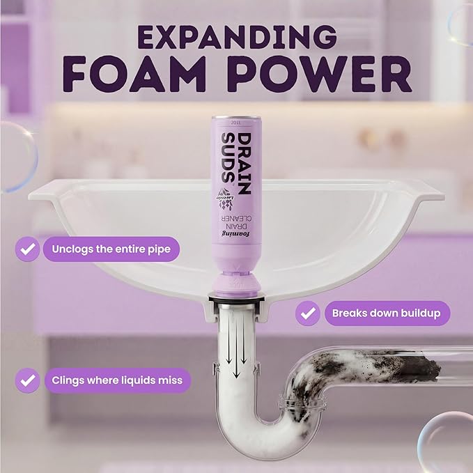 Foaming Drain Cleaner, Sink Cleaner and Deodorizer, Drain Clog Remover for Kitchen Sinks, Bathrooms, Shower Drains, Tubs, Washbasin, Clogged Pipe Opener, Lavender, 2 Pack