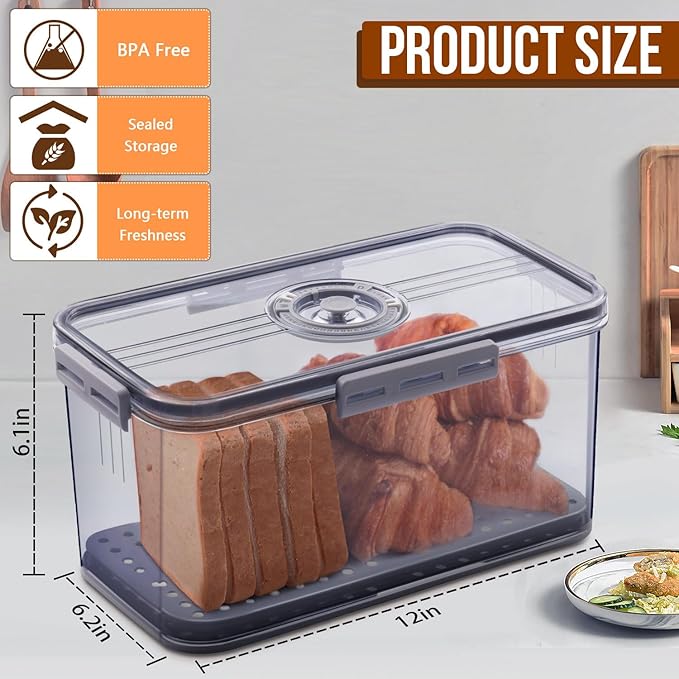 Gifhomfix Bread Box Bread Boxes for Kitchen Counter Airtight, Time Recording Bread Storage Container with Lid, Bread Keeper for Homemade Bread, Toast, Bagel, Donut and Cookies, Grey