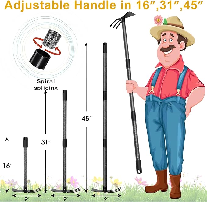 Lilyvane Garden Hoe, 2 in 1 Hand Hoe Garden Tools,45 Inch Long Handle,Garden Hoe and Cultivator for Weeding Cultivating Planting, Small Hand Rake Tiller for Flower Bed Gardening, Loosening Soil