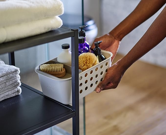 Joseph Joseph EasyStore - Bathroom essentials Storage Basket Organiser with Moveable tray, Ecru, Small (Pack of 2)