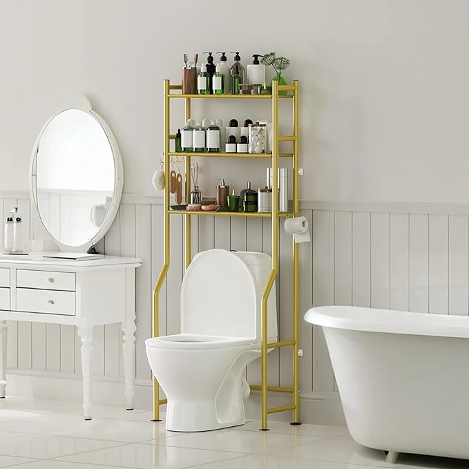 3-Tier Over The Toilet Storage Organizer, Space-Saving Bathroom Rack with Paper Holder & 4 Hooks, 64" Tall Freestanding Carbon Steel Shelf for Small Apartment Laundry Room (Gold)