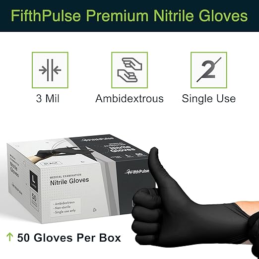 Black Gloves Disposable Latex Free Large, 50 Count - Medical and Dental Grade Surgical Gloves - Powder Free Nitrile Gloves Large - 3 Mil Thickness