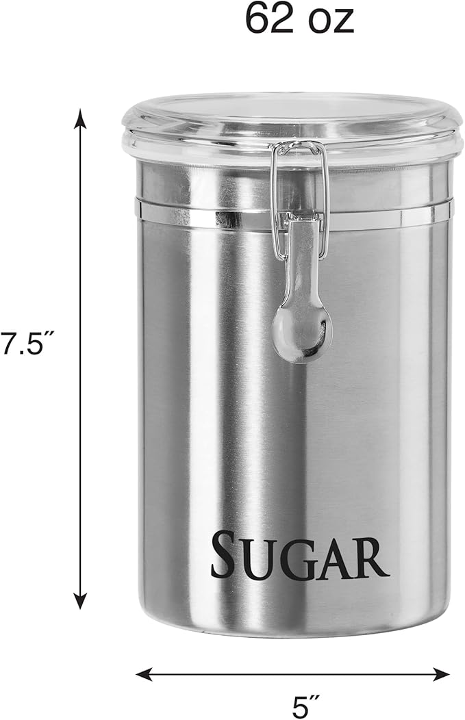 Oggi Stainless Steel Sugar Canister 62 fl oz - Airtight Clamp Lid, Clear See-Thru Top - Ideal Sugar Container for Countertop, Sugar Jar, Bulk Sugar Storage. Large Size 5" x 7.5".