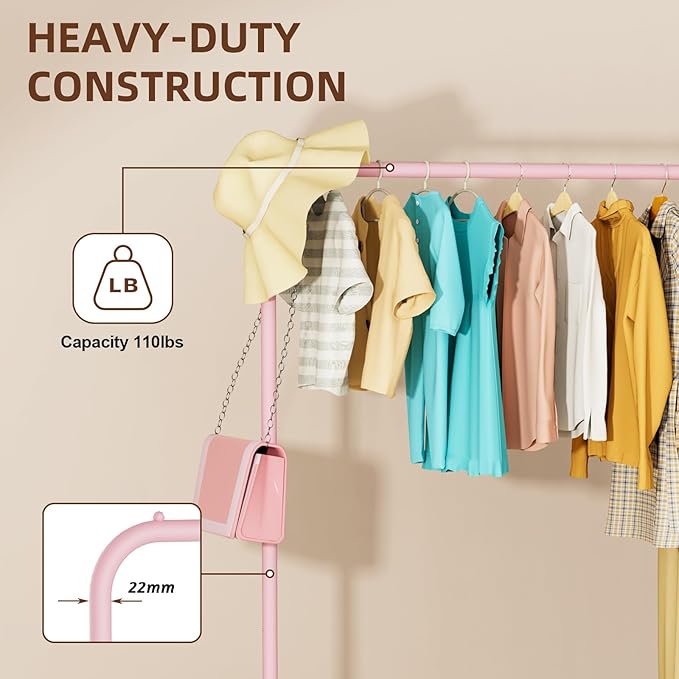 STARLATTA Rolling Clothing Racks for Hanging Clothes, Garment Rack for Clothes to Hang, Metal Portable Wardrobe Rack for Coats, Jackets, Shirts, Dress,Pink