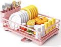Dish Drying Rack for Kitchen Counter - Large Dish Rack with Drainboard, Rustproof Dish Drainer with Utensil Holder for Sink, Pink