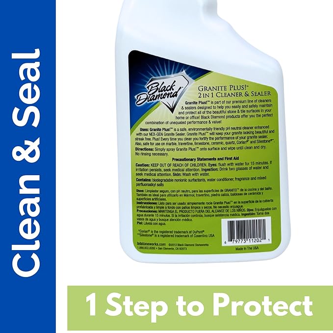 Black Diamond Stoneworks GRANITE PLUS! 2 in 1 Cleaner & Sealer for Granite, Marble, Travertine, Limestone, Ready to Use! 32 Fl Oz