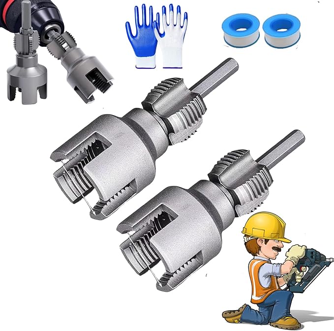 Integrated Internal & External Pipe Threading Tool, PVC Dual-function Pipe Threading Tool for 1/2" & 3/4" Pipes, Electric Drill Compatible PVC & Plastic Pipe Threader Kit for Home Repair (1/2"+ 3/4")