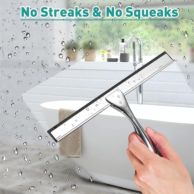 Shower Squeegee for Glass Doors,10-Inch Shower Glass Squeegee, Sliver Shower Squeegee for Shower Doors,Mirror,Windows, with Shower Door Hook and Adhesive Hook