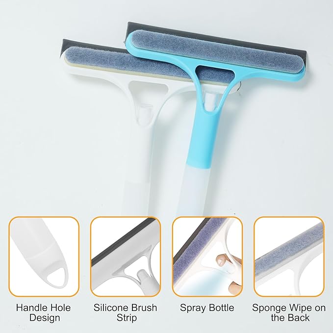 Pro 3 in 1 Window Cleaning Scraper with 2 Replaceable Cleaning Cotton Strips, 3 in 1 Spray Squeegee, Window Squeegee, Suitable for Cleaning Bathroom Glass, Mirrors, Car Windows (White)