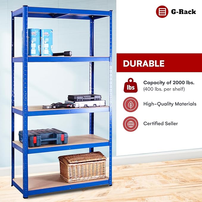 Garage Shelving Units - 71" H x 35" L x 12" W - Heavy Duty Racking - Shelves for Storage -1 Bay - Blue - 5 Tier - 2000LB Capacity (400LB Per Shelf) - Workshop, Shed, Office - 5 Year Warranty